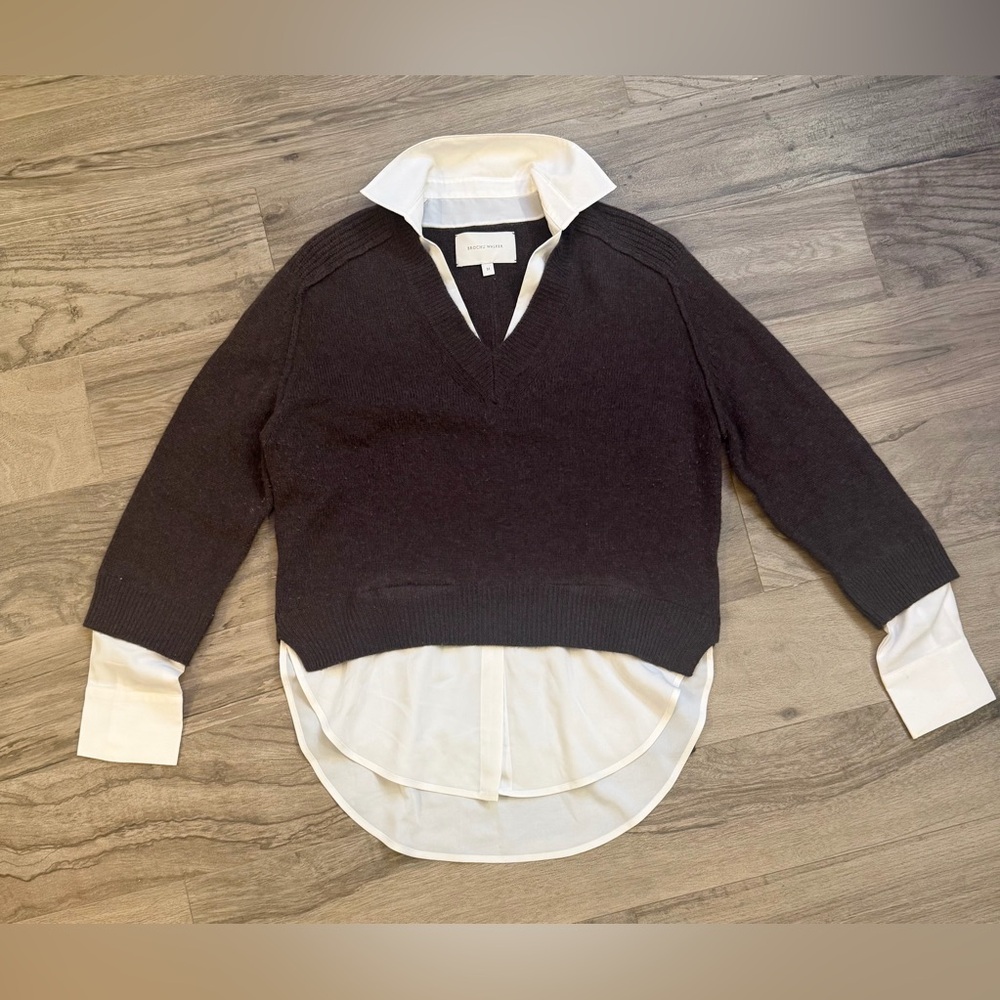 Brochu Walker The Looker Layer V-Neck  Layered Cashmere Chocolate/white Sweater - Picture 2 of 7